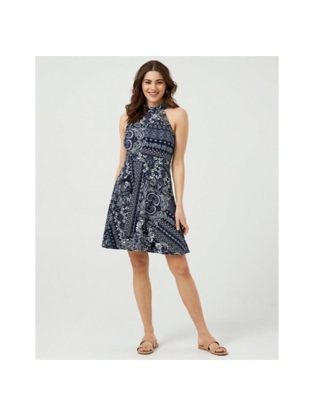 Women Le Chateau Ornamental Print Stretch Knit Dress Size XXL Navy Blue …